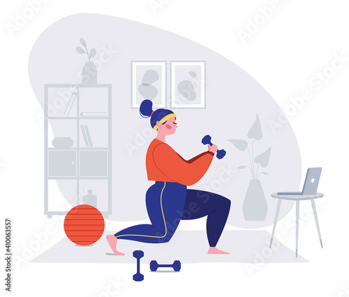 COVID-19 virus outbreak. Sport Exercise at Home. Fitness Workout Yoga Exercise Woman. People quarantine at home prevent spread of infection. Keep calm during quarantine Vector. Girl Doing Stretching. 