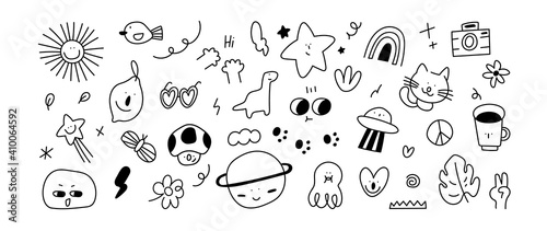 Cute doodle vector set. kids icon design with monster, dog, ufo, star, food and plant. Vector illustration.