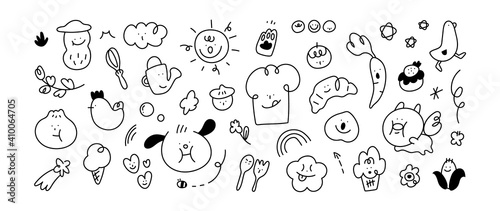 Cute doodle vector set. kids icon design with monster, dog, ufo, star, food and plant. Vector illustration.
