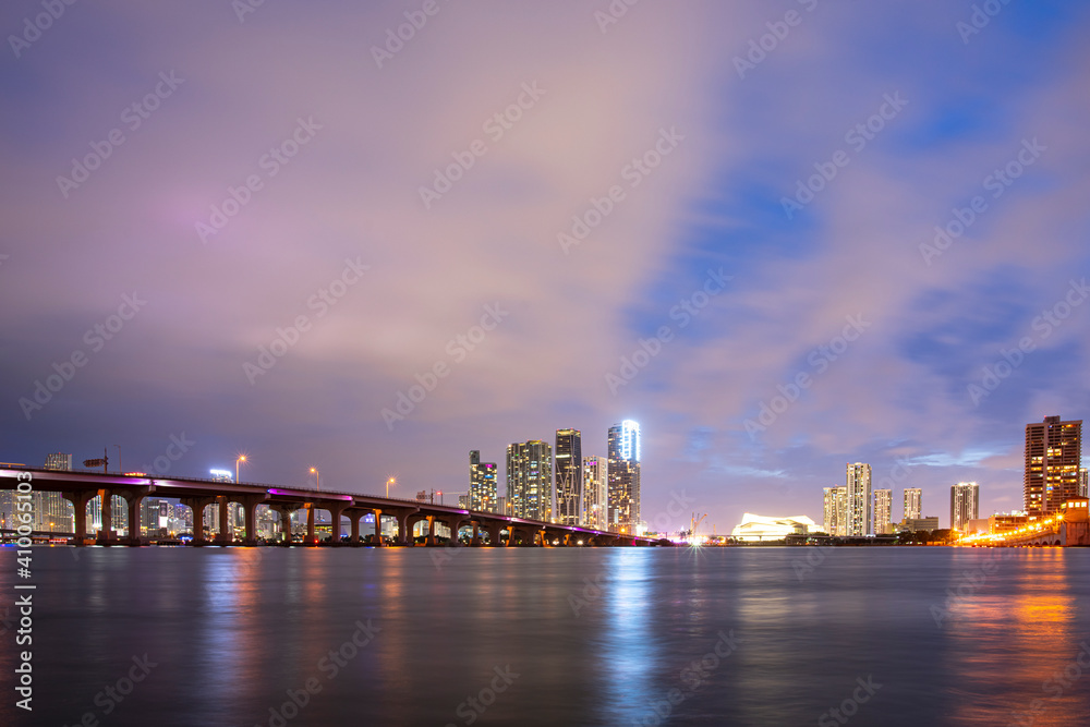 Florida. Miami city town skyline. USA downtown skyscrappers landscape.