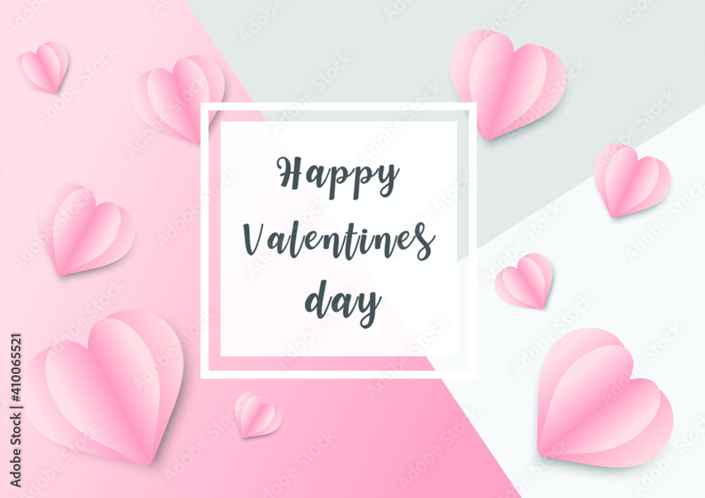 Sweet Love Valentine's day concept greeting card background. Vector illustration. 3d pastel pink hearts with white text frame on pastel pink and light grey background colour palette