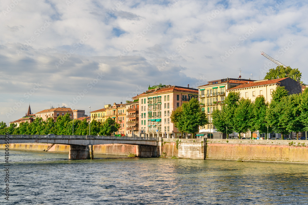 View of waterfront of the Adige River, Verona, Italy