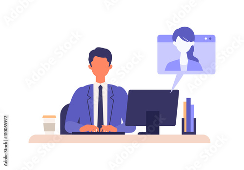 Vector illustration of businessman having communication via telecommuting system.