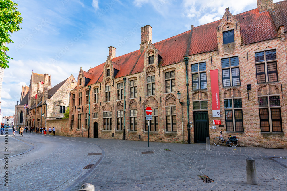 Archeological museum on streets of old Bruges, Belgium