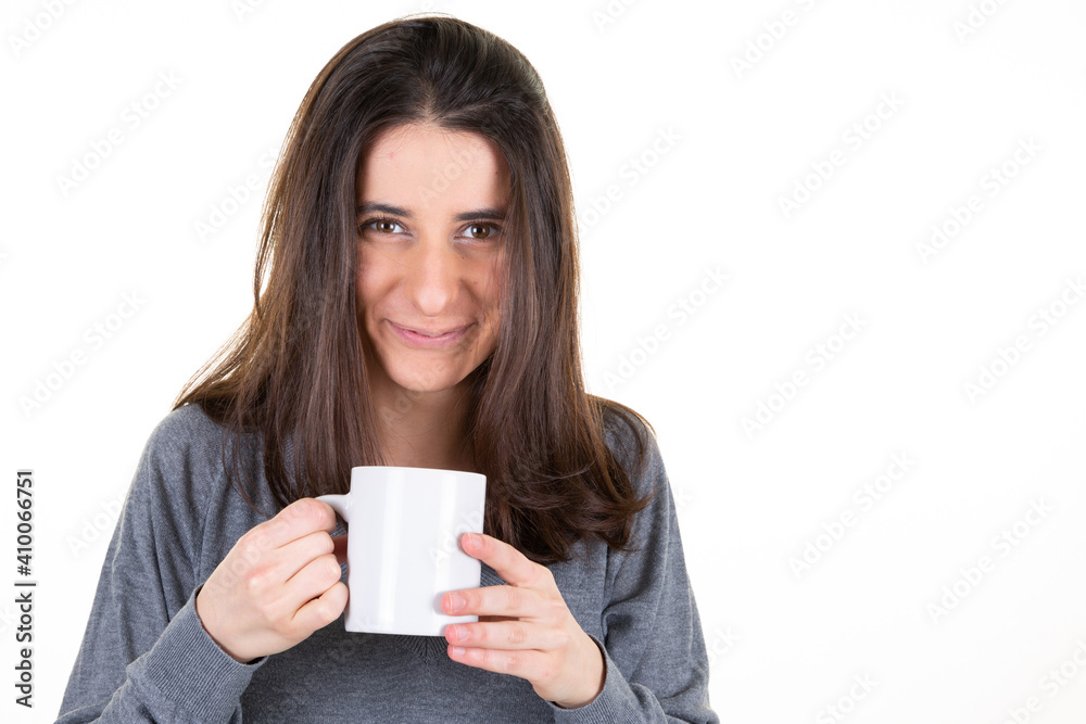 portrait of happy young woman with mug cup of tea coffee hotdrink portrait of happy young woman with mug cup of tea coffee hotdrink