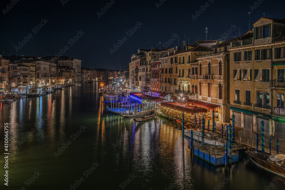 Night view of the Grand Canal seen from Rialto Bridge, Venice, Italy