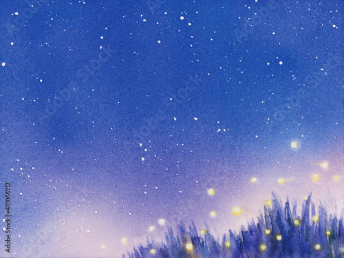 Canvastavla 星空と幻想的な蛍の光　水彩画