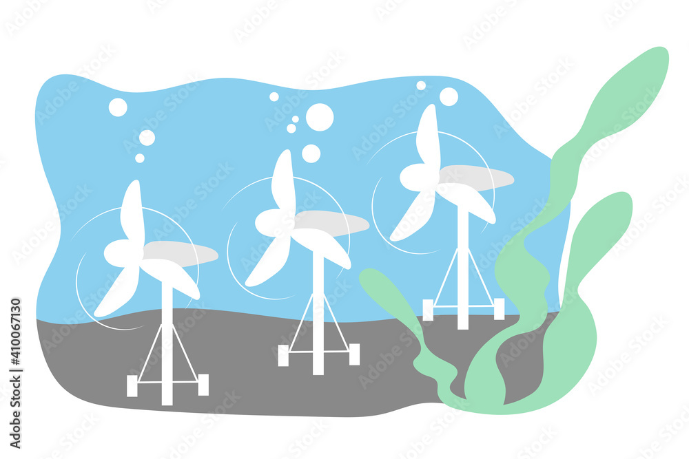 Tidal turbine on seabed. Ecological energy plant in ocean. Alternative hydropower concept. Flat style.