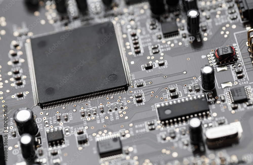 Printed circuit board macro fragment with microchip Printed circuit board macro fragment with microchip