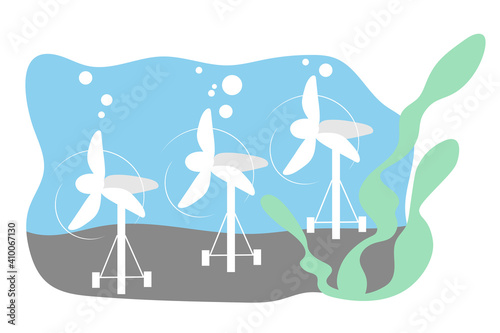 Tidal turbine on seabed. Ecological energy plant in ocean. Alternative hydropower concept. Flat style.