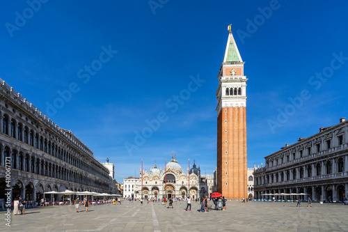 Wide view of St. Mark's Square and bell tower St Mark's Basilica. There is the most famous landmark of Venice historic center, Venice