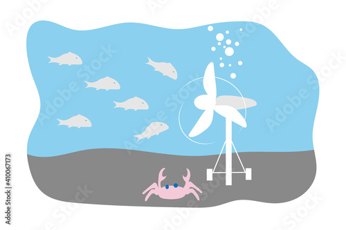 Tidal turbine on ocean floor. Alternative energy plant in ocean. Flat style design.