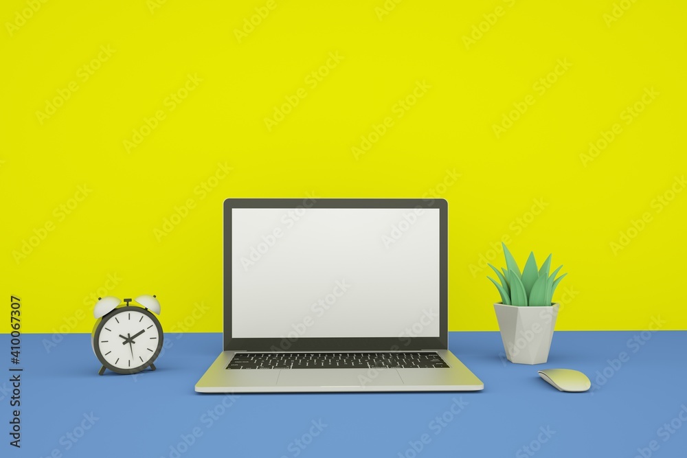 Business background and minimal idea concept. Laptop, coffee, plant and the computer mouse on desk in office. 3D Render. Business background and minimal idea concept. Laptop, coffee, plant and the computer mouse on desk in office. 3D Render.