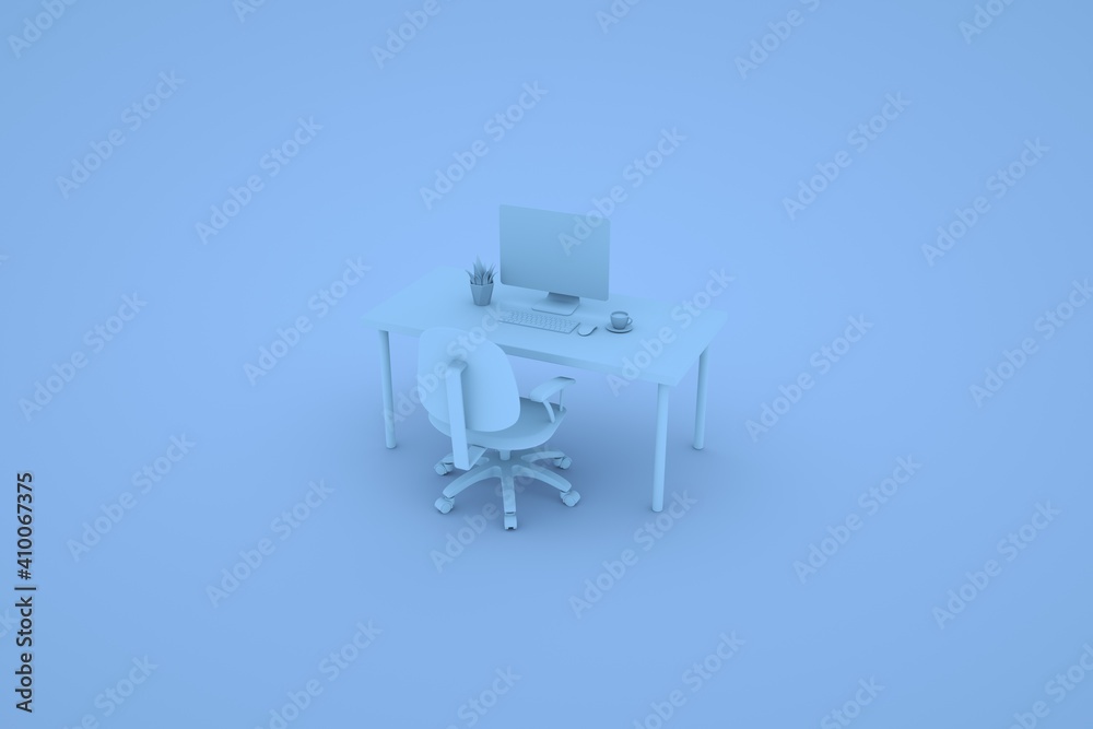 Office workplace concept with laptop mockup and other objects. Blue Contemporary Office. 3D Rendering. Office workplace concept with laptop mockup and other objects. Blue Contemporary Office. 3D Rendering.