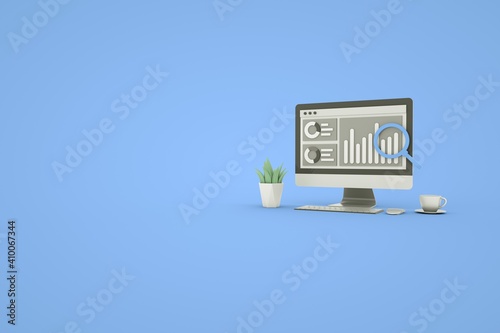 Computer Data analysis, Graph on computer screen, information researching. Digital analysis vector banner 3d rendering.