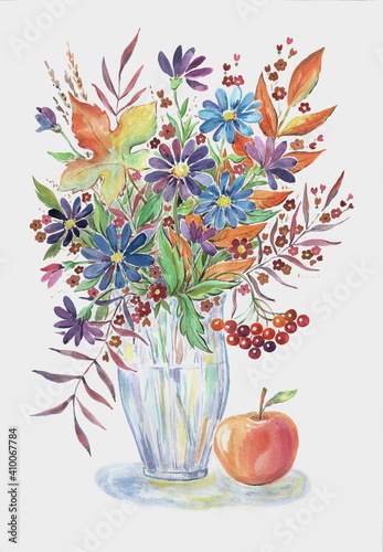 Autumn bouquet of leaves and flowers with apple and rowan berries - Hand painted drawing isolated on white background © MMCXIII