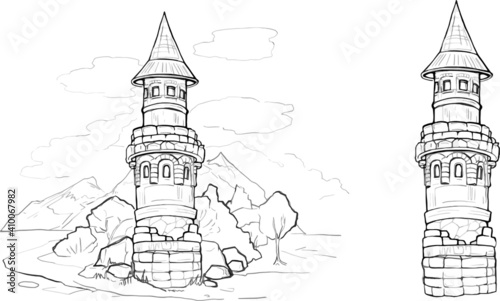 Fairy Tale Castle Outline Illustrations drawn black  tower linear freehand drawing clipart for coloring. Cartoon old high brick building, children's fairy tale princess house guarded by dragon  