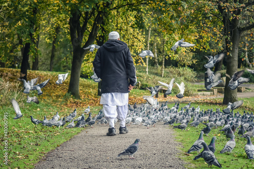 The old Muslim man is Standing into the pigeons group, Moses Gate Country Park, Bolton, England.