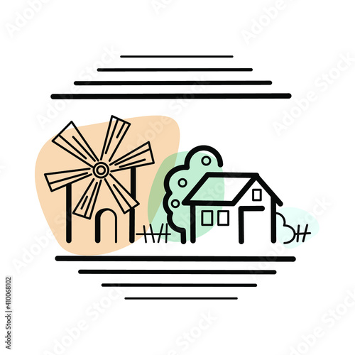 Lineart logo, label for agricultire eco products, local tourism with colorful spots. Icon image for trade mark, commercial. Vector EPS10