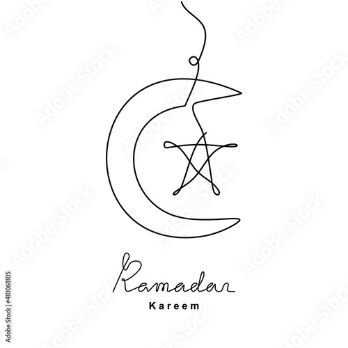 Continuous line drawing of crescent moon and star for Ramadan Kareem. Happy Eid mubarak. Islamic Festival celebration theme isolated on white background. Vector illustration minimalist style