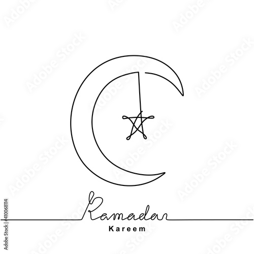 Continuous line drawing of crescent moon and star for Ramadan Kareem. Happy Eid mubarak. Islamic Festival celebration theme isolated on white background. Vector illustration minimalist style