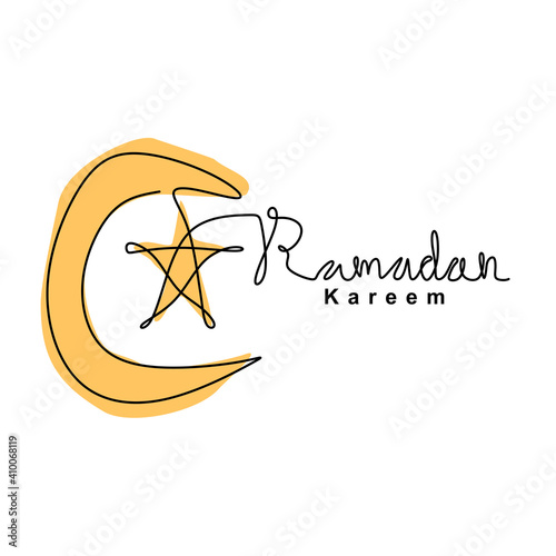 Continuous line drawing of crescent moon and star for Ramadan Kareem. Happy Eid mubarak. Islamic Festival celebration theme isolated on white background. Vector illustration minimalist style