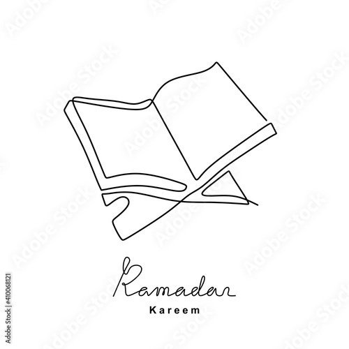 Continuous line drawing of open book Quran on a wooden book stand. Islamic holy day Ramadan Kareem and Eid Mubarak concept isolated on white background. Hand drawn minimalism style.