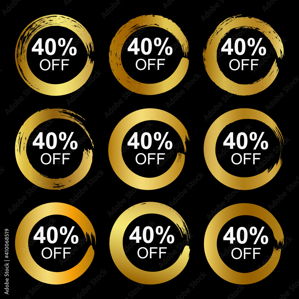 Gold brush set art Discount with the frame, vector golden glitter