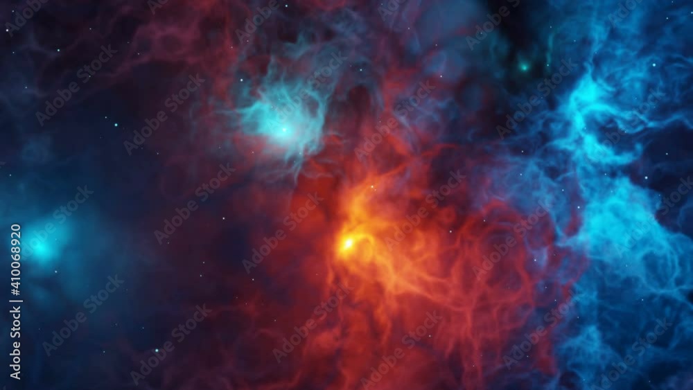 Space scene. Fly through clear neat blue and red nebula with stars. 3D rendering Space scene. Fly through clear neat blue and red nebula with stars. 3D rendering