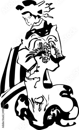 contour drawing geisha girl in kimono painted with ink
Japanese graphics. 
shy asian woman in dress with a dragon
linear drawing  girl with a raised hand.Japanese girl for poster, banner, postcard