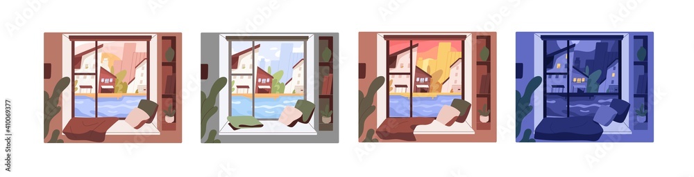 Set of window views with morning, afternoon, evening and night sceneries. City in different time of day from inside. Colored flat vector graphic illustration isolated on white background - obrazy, fototapety, plakaty 