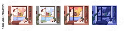 Set of window views with morning, afternoon, evening and night sceneries. City in different time of day from inside. Colored flat vector graphic illustration isolated on white background