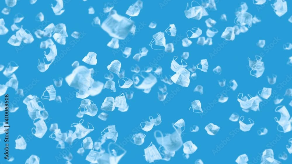 Flying many white masks on blue background. Medical concept. Surgical protective masks. 3D animation of mask rotating. Loop animation. Flying many white masks on blue background. Medical concept. Surgical protective masks. 3D animation of mask rotating. Loop animation.