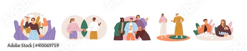 Collection of people setting, protecting and violating personal boundaries during social interaction with family, friends and colleagues. Colored flat vector illustration isolated on white background