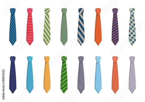 Variety of ties set. Elegant blue striped textiles with red checkers pink wavy with green mesh and solid purple festive work piece clothing with trendy design. Vector accessory cartoon.