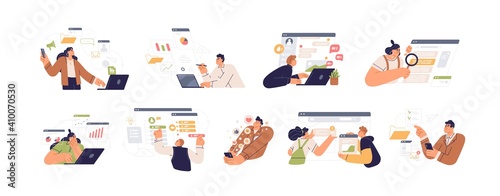 People working with big data, analyzing and auditing business processes. Online communication, analytics, management and multitasking. Colored flat vector illustration isolated on white background
