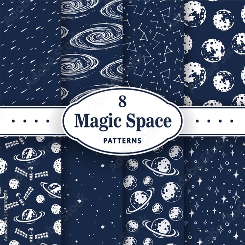 Trendy seamless space patterns. Set of cosmos backgrounds for cosmonautics day. Endless texture of universe for wallpaper, wrapping paper