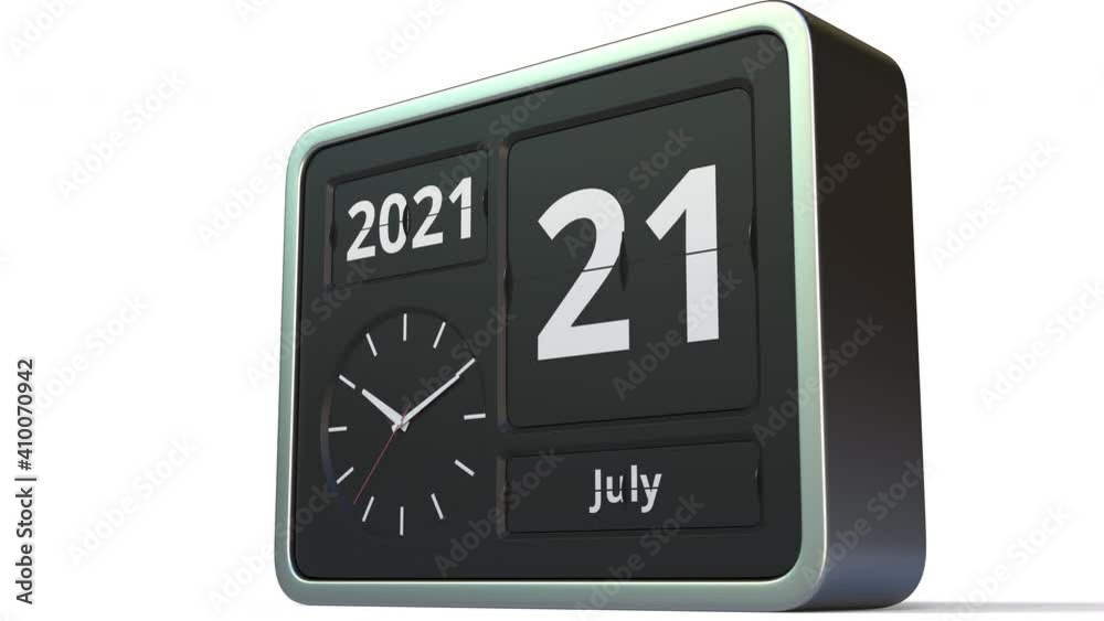 July 21 date on the retro flip clock calendar, 3d animation July 21 date on the retro flip clock calendar, 3d animation