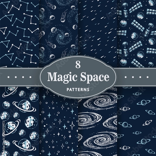 Trendy seamless space patterns. Set of cosmos backgrounds for cosmonautics day. Endless texture of universe for wallpaper, wrapping paper