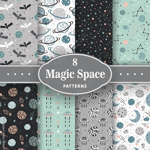 Trendy seamless space patterns. Set of cosmos backgrounds for cosmonautics day. Endless texture of universe for wallpaper, wrapping paper