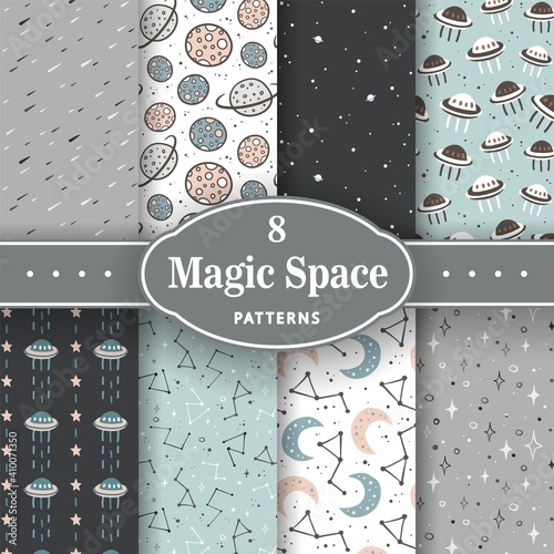 Trendy seamless space patterns. Set of cosmos backgrounds for cosmonautics day. Endless texture of universe for wallpaper, wrapping paper
