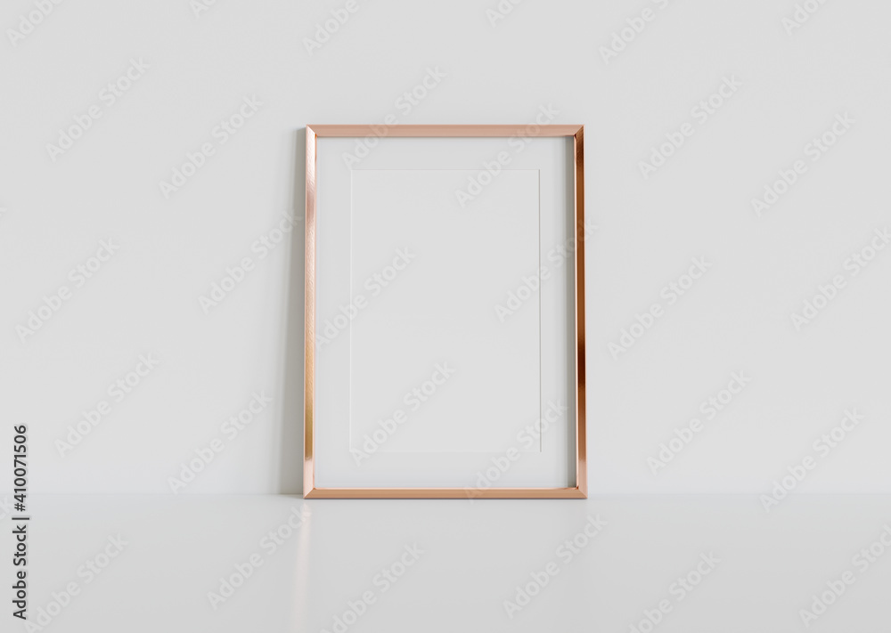 Golden frame leaning on white floor in interior mockup. Template of a picture framed on a wall 3D rendering Golden frame leaning on white floor in interior mockup. Template of a picture framed on a wall 3D rendering