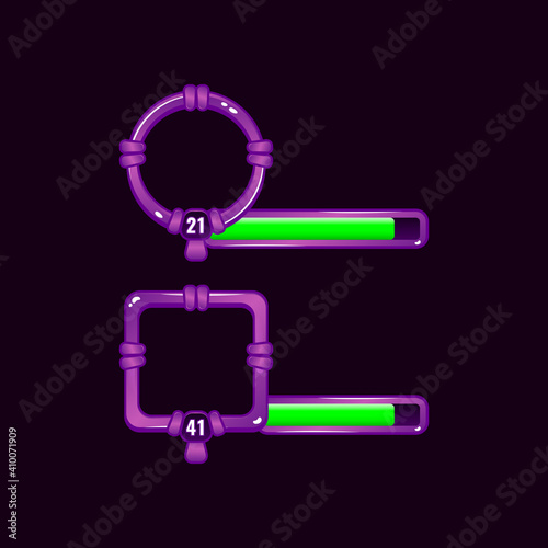 purple game ui border frame with level and progress bar for gui asset elements vector illustration