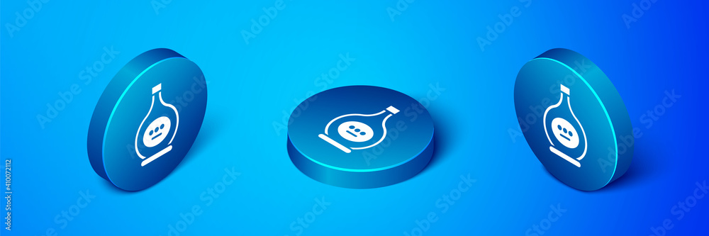 Isometric Bottle of cognac or brandy icon isolated on blue background. Blue circle button. Vector Illustration. Isometric Bottle of cognac or brandy icon isolated on blue background. Blue circle button. Vector Illustration.