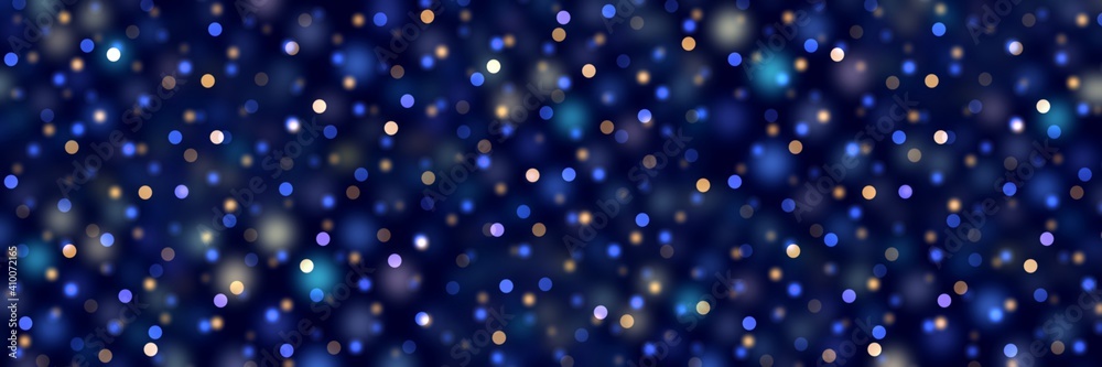 Dark toned festive shimmer blur background with blue yellow sparkles pattern. Web banner.