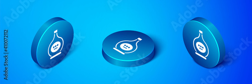 Isometric Bottle of cognac or brandy icon isolated on blue background. Blue circle button. Vector Illustration.