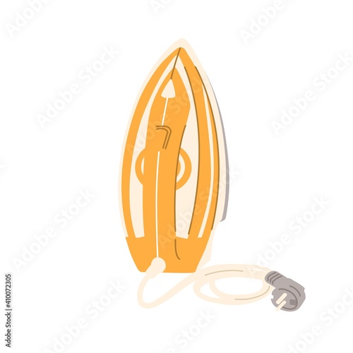 Steam iron press with cord and plug standing upright. Domestic housekeeping e...