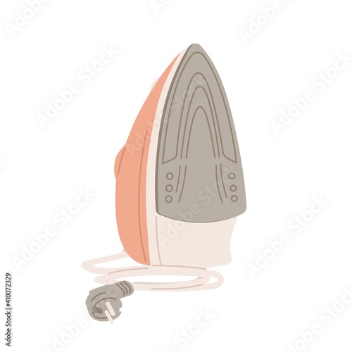 Sole plate of iron press with steam holes. Domestic electric appliance with cord and plug standing upright. Colorful flat vector illustration isolated on white background