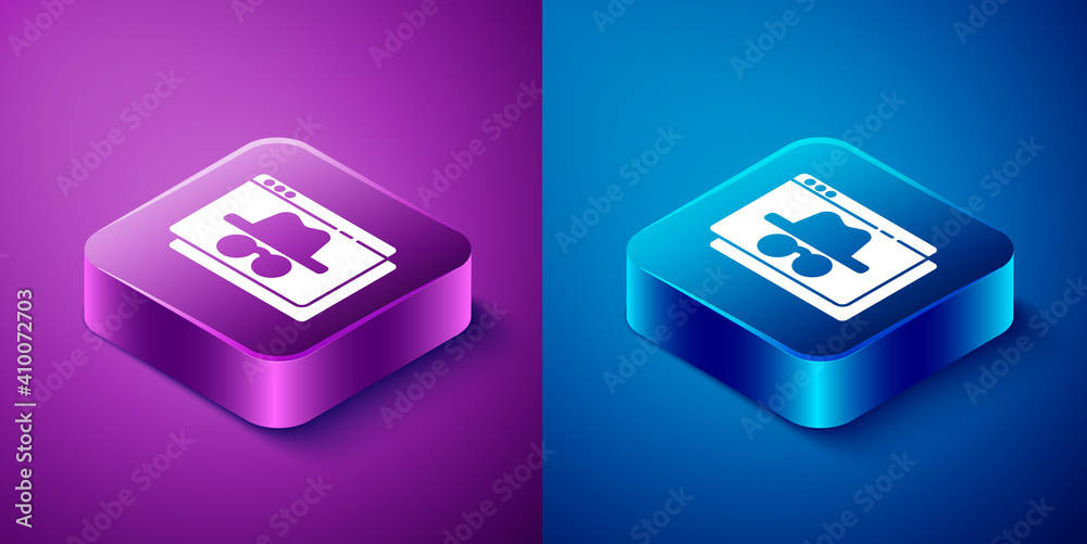 Isometric Browser incognito window icon isolated on blue and purple background. Square button. Vector. Isometric Browser incognito window icon isolated on blue and purple background. Square button. Vector.