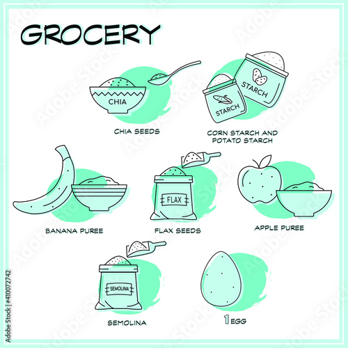 set of grocery products. healthy products. chia seeds, flaxseed, starch, egg, semolina, apple, banana